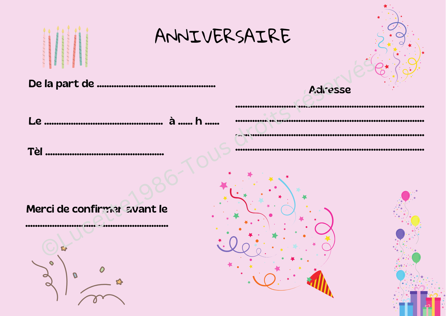 🎉 LOT 8 INVITATIONS ANNIVERSAIRE LUCETTE 🎉